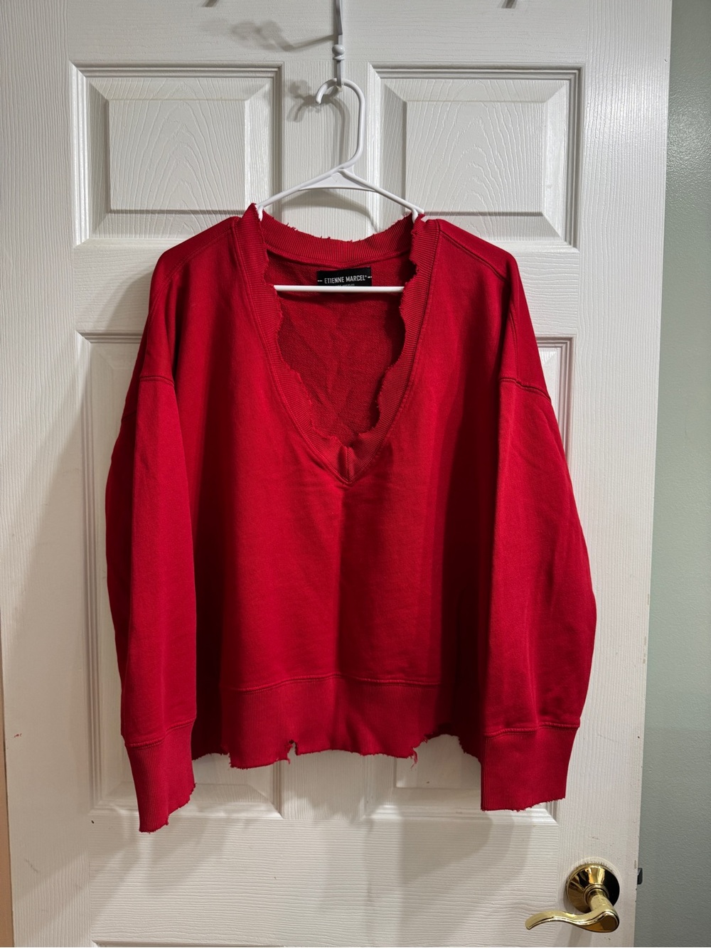 Etienne Marcel Red Distressed V-Neck Crop Sweatshirt